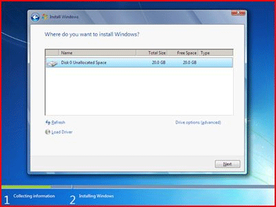 Windows 7 Setup Screen, Choose Partition